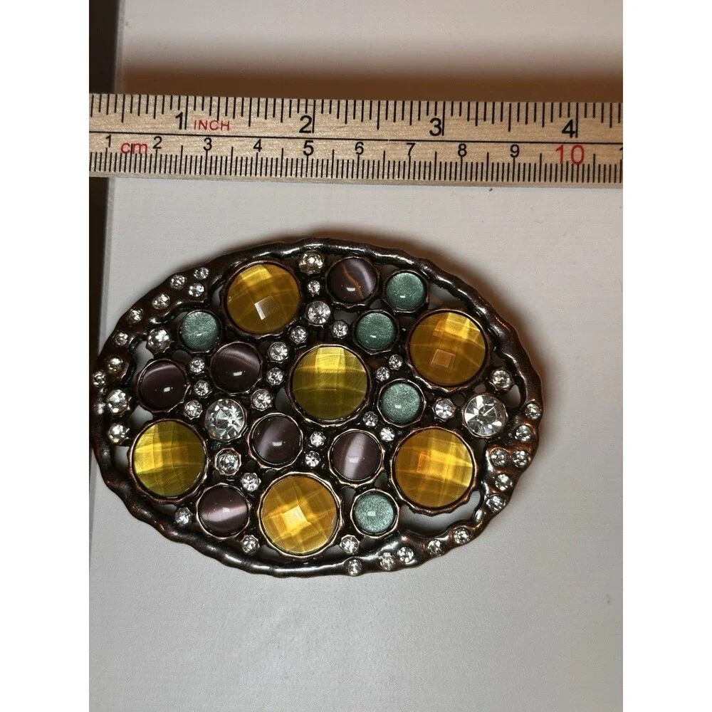Ornate Copper Tone Oval Belt Buckle Multi Color Rhinestone Cabochon Gemstone